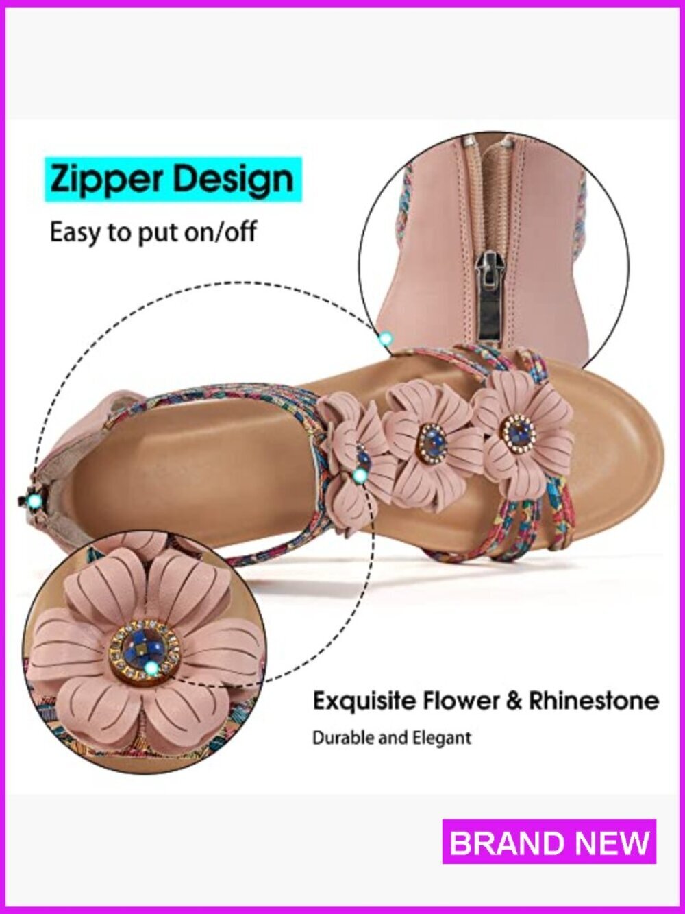 Wedge Sandals Open Toe Zipper Ankle Strap Bohemian Floral Summer Dressy Casual - Picture 5 of 7